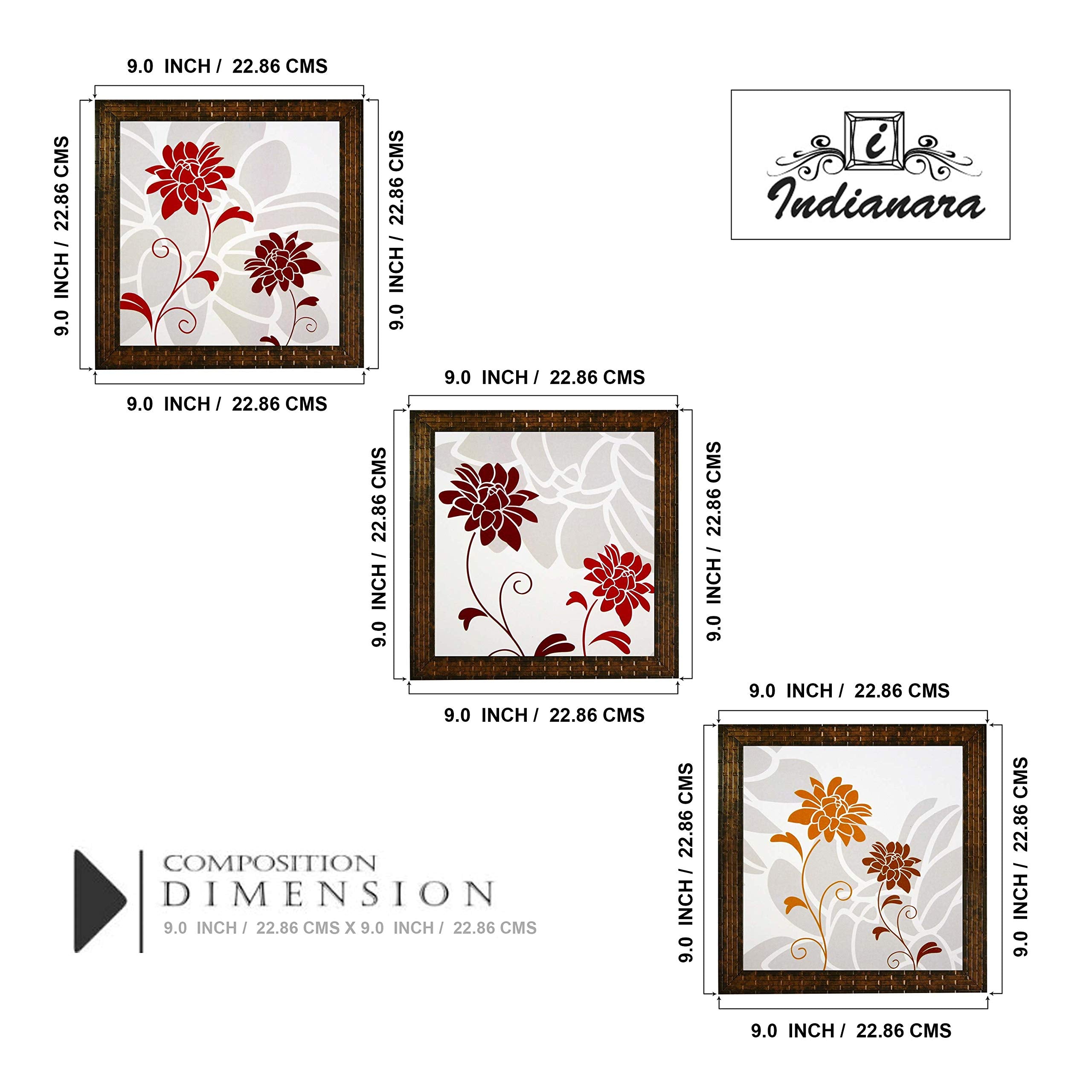 Indianara 3 PIECE SET OF FRAMED WALL HANGING DECOR Flowers (2912) PRINTS 8.7 INCH X 8.7 INCH WITHOUT GLASS